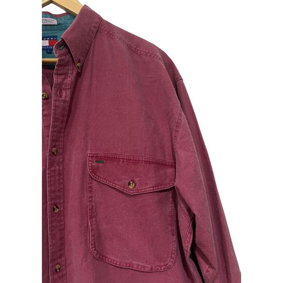 Tommy Hilfiger Vintage Mens L Button Up Embroidered Crest Pockets Faded Red - Picture 3 of 6